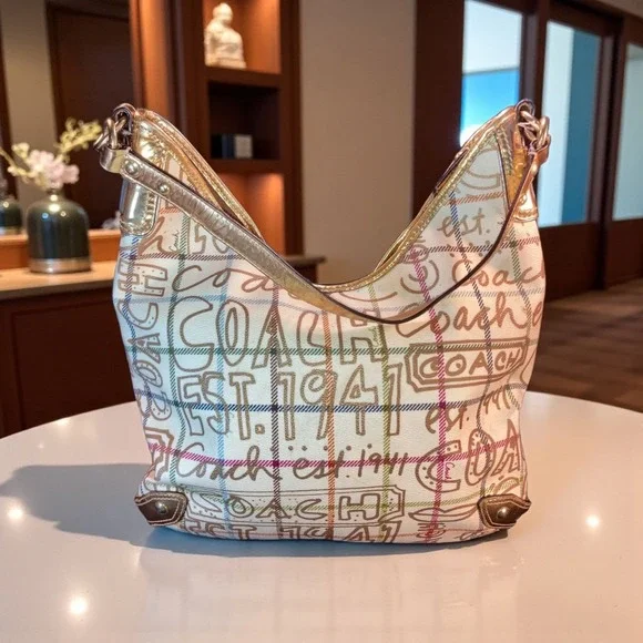 Coach Est 1941 Hobo Shoulder Bag Beige Plaid Script Logo - Picture 1 of 14